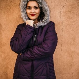 Plum Colored - Puffer Coat w/ Faux Fur Trim